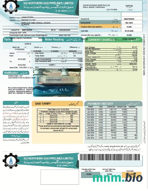 Pakistan Sui Northern gas Pipelines Limited rachunek za media szablon w formacie Word i PDF, Wersja 2